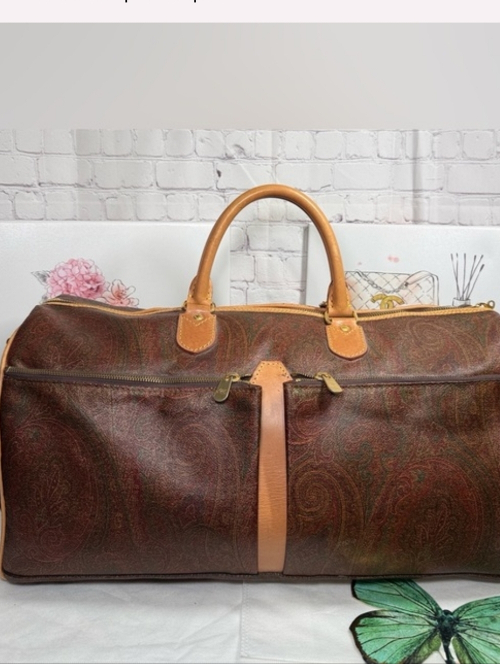 Etro Weekender 50 Bag Iconic Brown Paisley Leather w/Tan Trim 19x10x9in